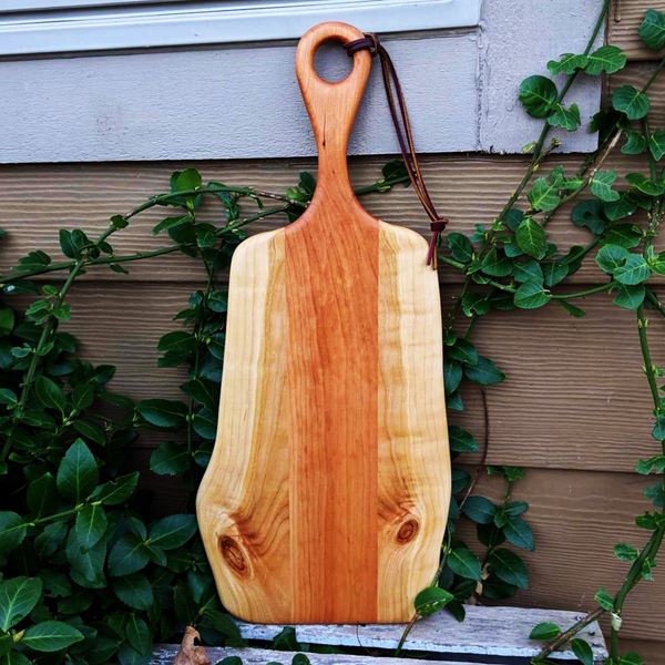 Cherry Wood Charcuterie Board With Handle & Leather Strap Wooden Serving Tray