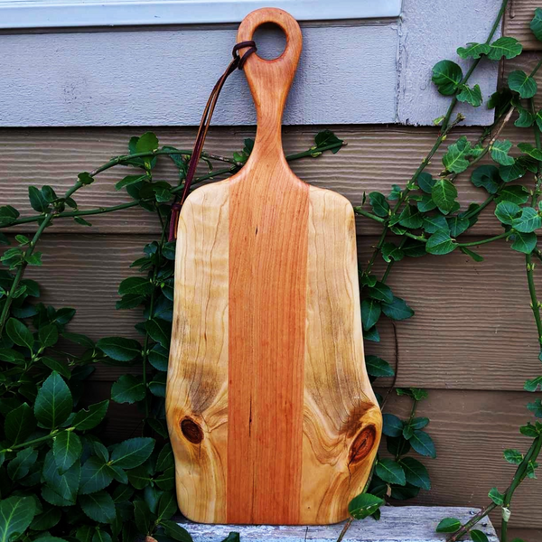 Cherry Wood Charcuterie Board With Handle & Leather Strap Wooden Serving Tray