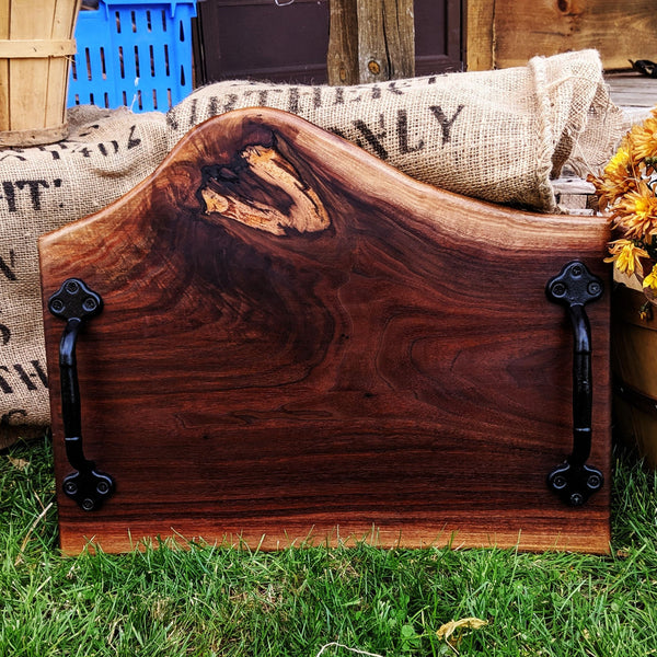 Large Black Walnut Charcuterie Board with Cast Iron Handles | Handmade Serving Tray