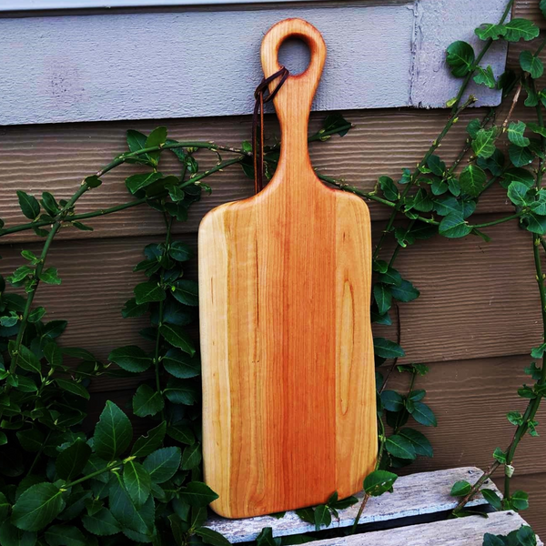 Cherry Wood Charcuterie Board With Handle & Leather Strap Wooden Serving Tray