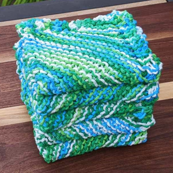 Set of Four Hand-Knit Washcloths, 100% Cotton Dishrags, Teal, Green, White & Blue