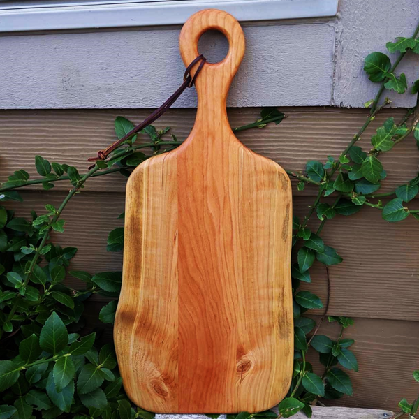 Cherry Wood Charcuterie Board With Handle & Leather Strap Wooden Serving Tray