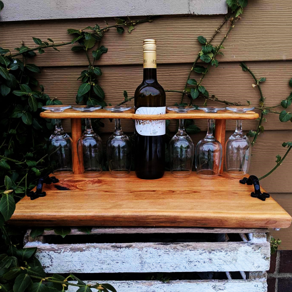 Spalted Cherry Wood Wine Charcuterie Board with Six Wine Glasses, Cast Iron Handles, & Clear Rubber Grip Feet