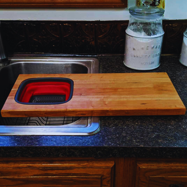 Over the Sink Cherry Wood Edge Grain Cutting Board with Colander and Clear Rubber Grip Feet