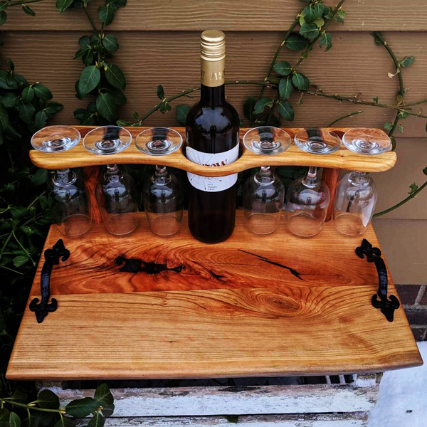 Spalted Cherry Wood Wine Charcuterie Board with Six Wine Glasses, Cast Iron Handles, & Clear Rubber Grip Feet