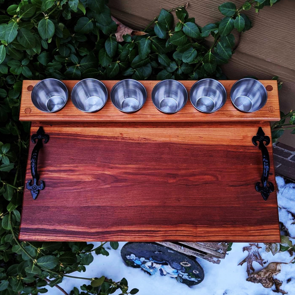 Spalted Cherry Wood Beer Flight Charcuterie Board with 5.5 oz. Taster Glasses, Stainless Steel Sauce Cups, Cast Iron Handles, & Clear Rubber Grip Feet