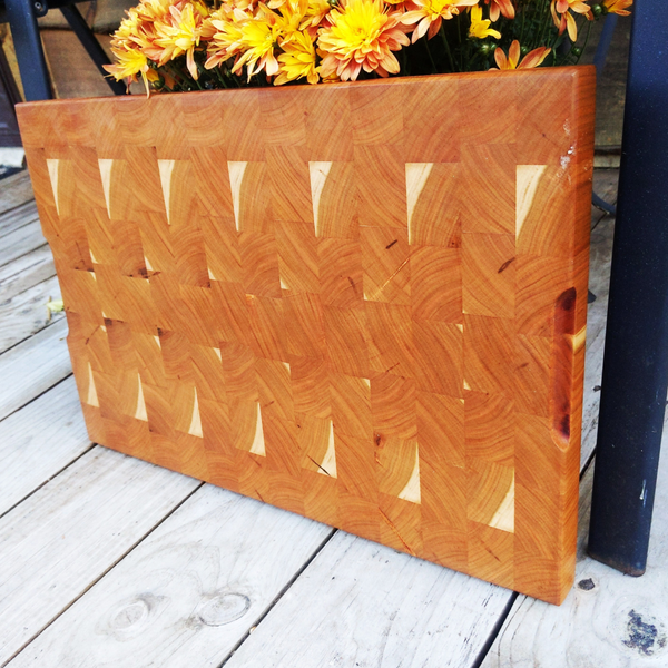 Large Cherry Wood End Grain Cutting Board with Hand Grooves and a Beveled Edge, Wooden Butcher Block Board