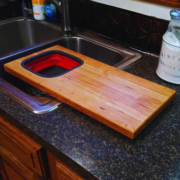 Over the Sink Cherry Wood Edge Grain Cutting Board with Colander and Clear Rubber Grip Feet