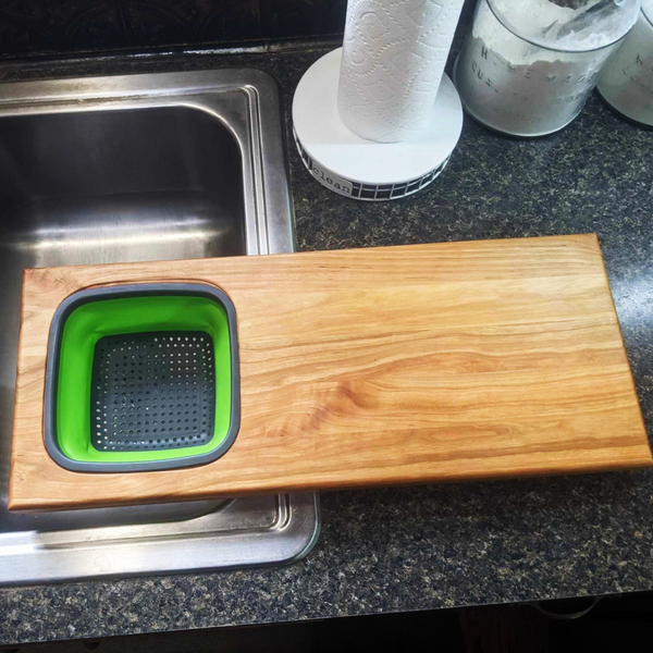Over the Sink Cherry Wood Edge Grain Cutting Board with Colander and Clear Rubber Grip Feet