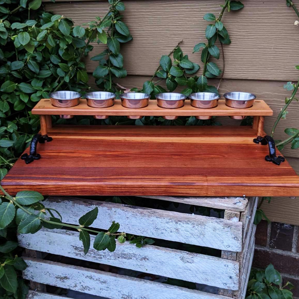 Spalted Cherry Wood Beer Flight Charcuterie Board with 5.5 oz. Taster Glasses, Stainless Steel Sauce Cups, Cast Iron Handles, & Clear Rubber Grip Feet