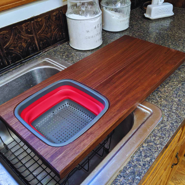 Large Over The Sink Black Walnut Edge Grain Cutting Board with Colander and Clear Rubber Grip Feet