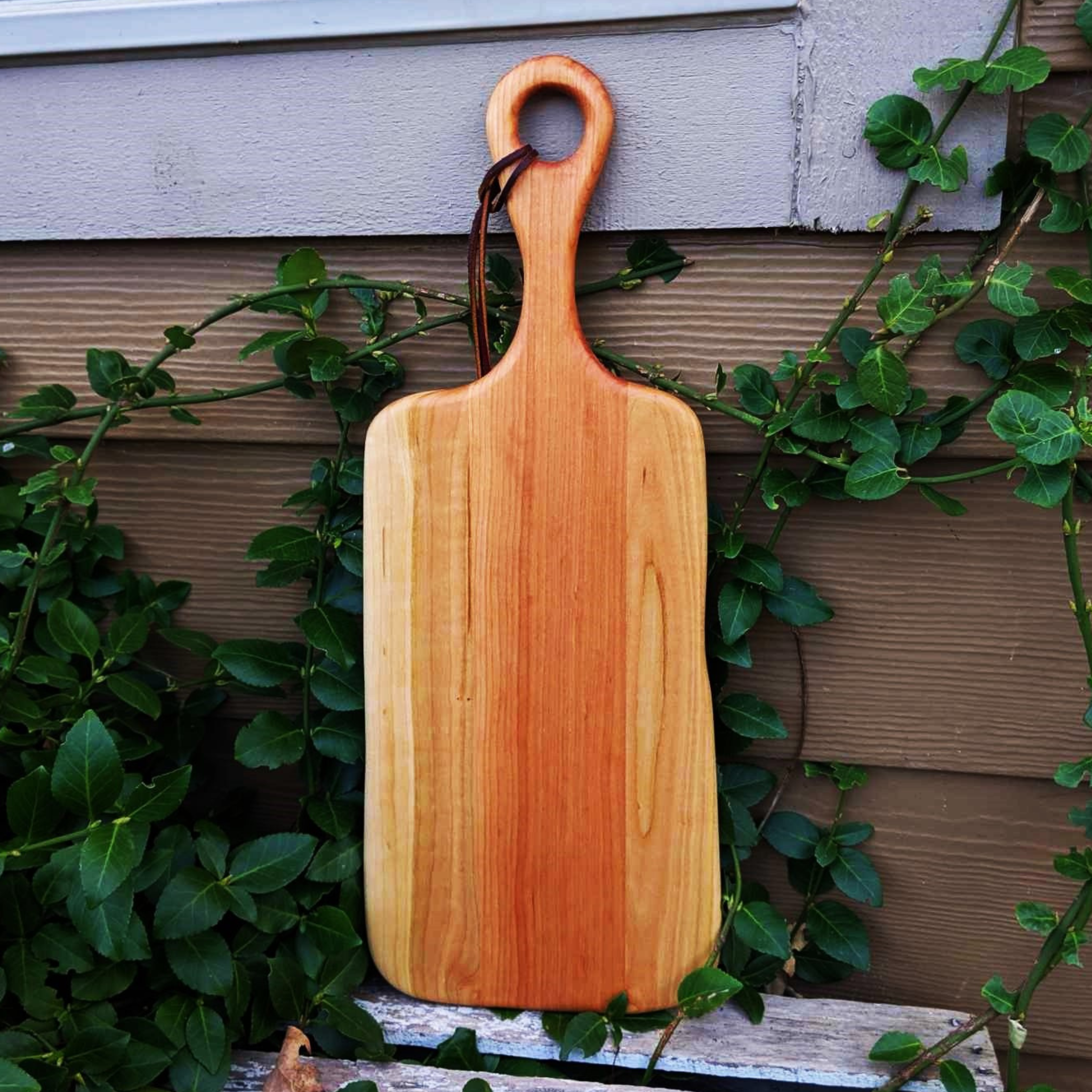 Cherry Wood Charcuterie Board With Handle & Leather Strap Wooden Serving Tray