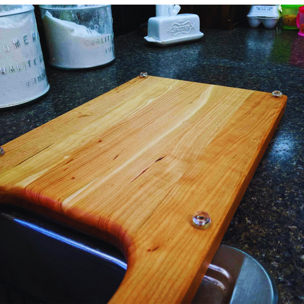 Over the Sink Cherry Wood Edge Grain Cutting Board with Colander and Clear Rubber Grip Feet