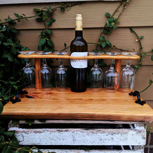 Spalted Cherry Wood Wine Charcuterie Board with Six Wine Glasses, Cast Iron Handles, & Clear Rubber Grip Feet