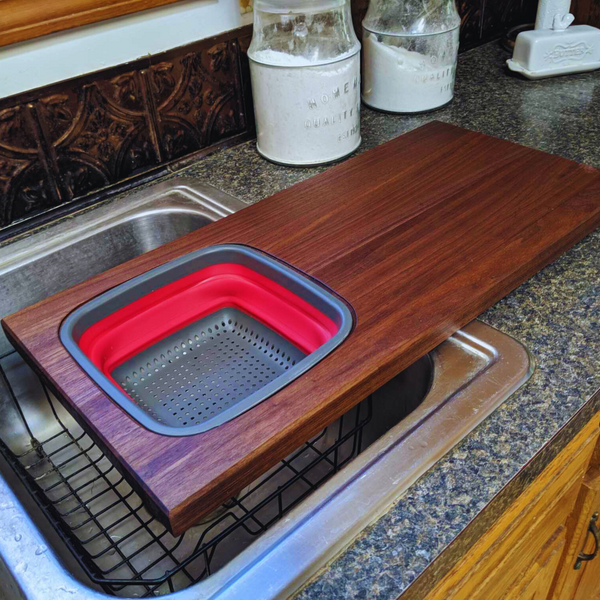 Large Over The Sink Black Walnut Edge Grain Cutting Board with Colander and Clear Rubber Grip Feet