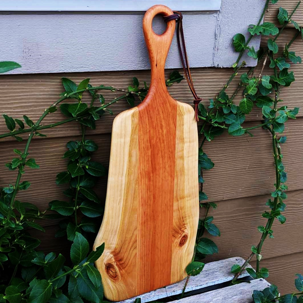 Cherry Wood Charcuterie Board With Handle & Leather Strap Wooden Serving Tray