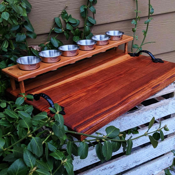 Spalted Cherry Wood Beer Flight Charcuterie Board with 5.5 oz. Taster Glasses, Stainless Steel Sauce Cups, Cast Iron Handles, & Clear Rubber Grip Feet