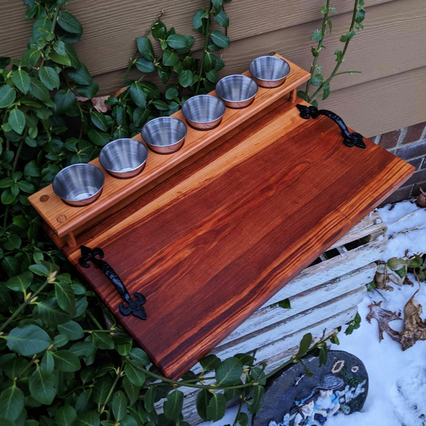 Spalted Cherry Wood Beer Flight Charcuterie Board with 5.5 oz. Taster Glasses, Stainless Steel Sauce Cups, Cast Iron Handles, & Clear Rubber Grip Feet