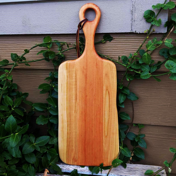 Cherry Wood Charcuterie Board With Handle & Leather Strap Wooden Serving Tray