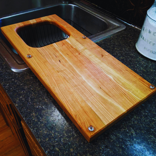 Over the Sink Cherry Wood Edge Grain Cutting Board with Colander and Clear Rubber Grip Feet