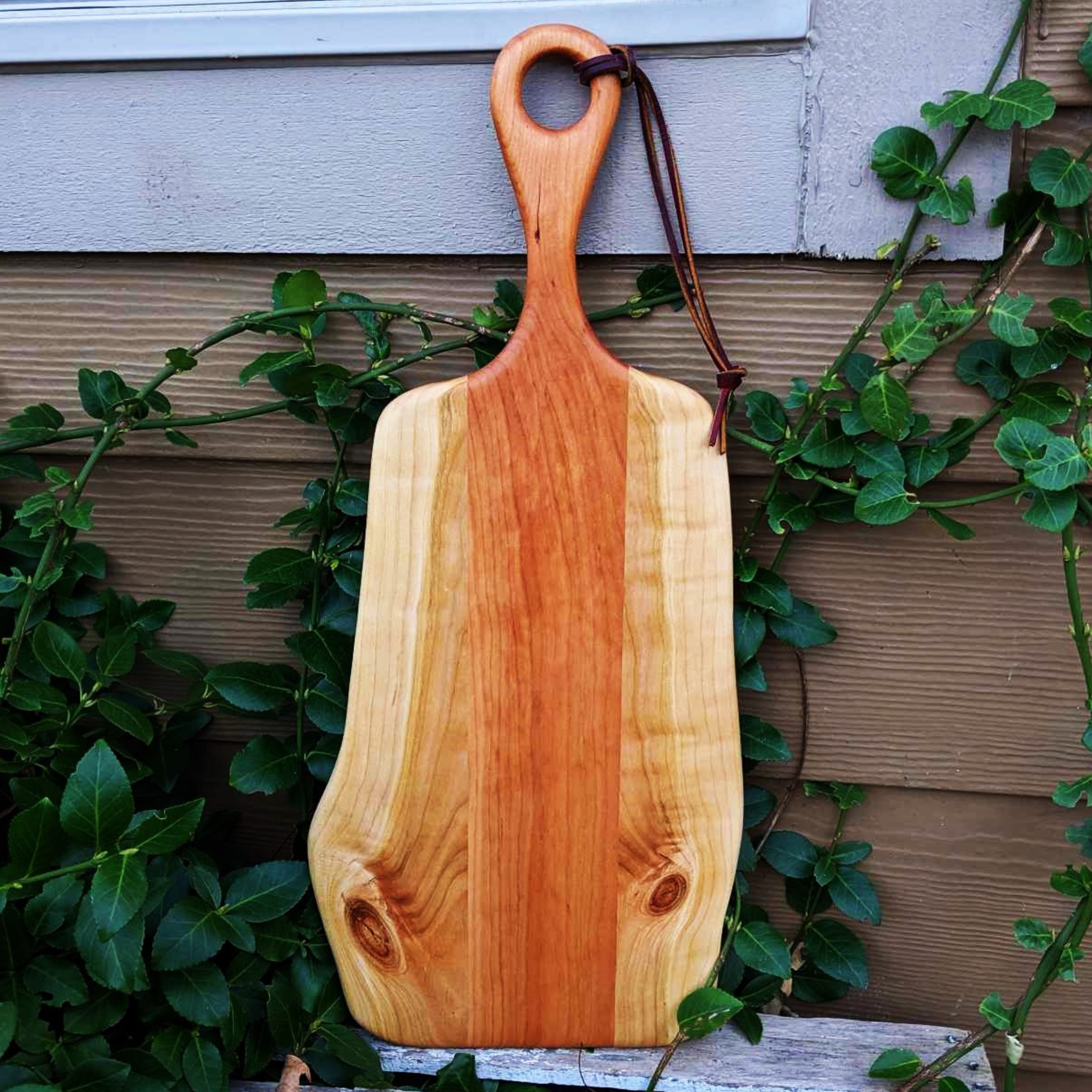 Cherry Wood Charcuterie Board With Handle & Leather Strap Wooden Serving Tray