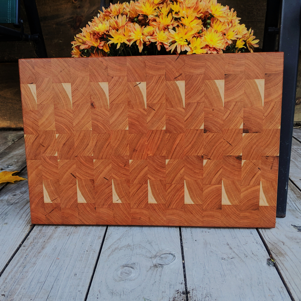 Large Cherry Wood End Grain Cutting Board with Hand Grooves and a Beveled Edge, Wooden Butcher Block Board