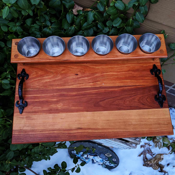 Spalted Cherry Wood Beer Flight Charcuterie Board with 5.5 oz. Taster Glasses, Stainless Steel Sauce Cups, Cast Iron Handles, & Clear Rubber Grip Feet