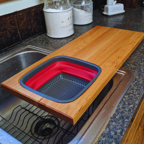 Cherry Wood Edge Grain Cutting Board with Colander and Clear Rubber Grip Feet