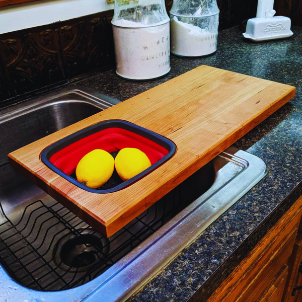 Over the Sink Cherry Wood Edge Grain Cutting Board with Colander and Clear Rubber Grip Feet