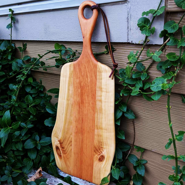 Cherry Wood Charcuterie Board With Handle & Leather Strap Wooden Serving Tray