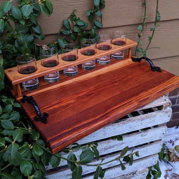 Spalted Cherry Wood Beer Flight Charcuterie Board with 5.5 oz. Taster Glasses, Stainless Steel Sauce Cups, Cast Iron Handles, & Clear Rubber Grip Feet