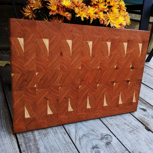 Large Cherry Wood End Grain Cutting Board with Hand Grooves and a Beveled Edge, Wooden Butcher Block Board