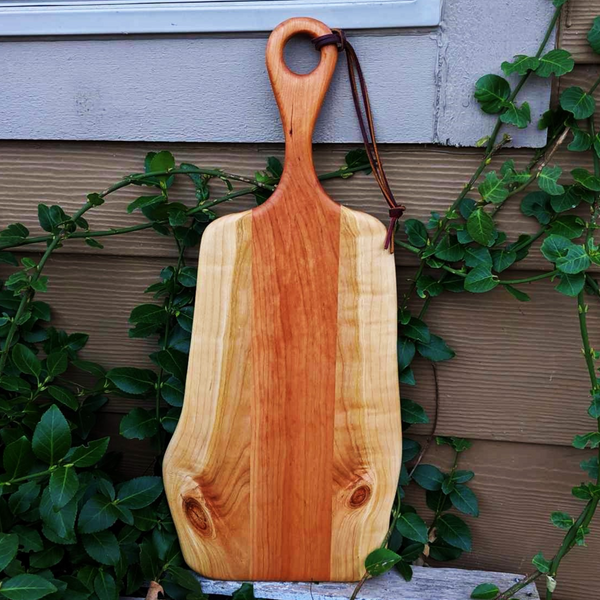 Cherry Wood Charcuterie Board With Handle & Leather Strap Wooden Serving Tray