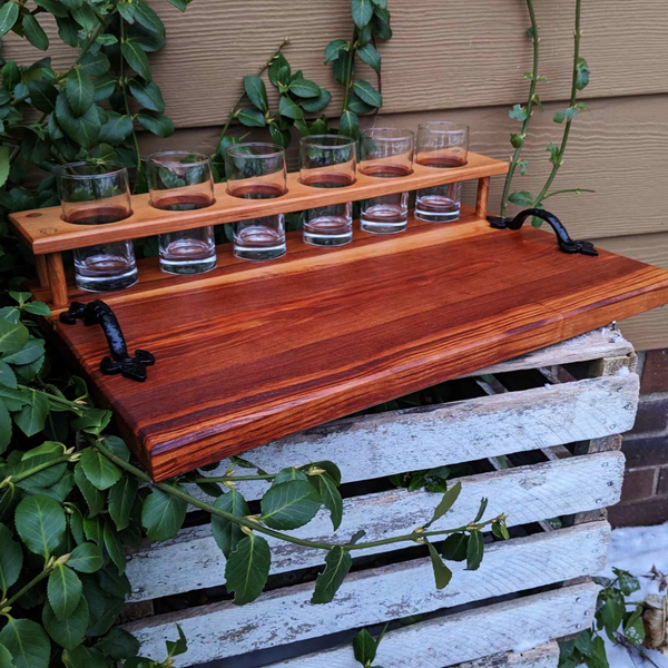 Spalted Cherry Wood Beer Flight Charcuterie Board with 5.5 oz. Taster Glasses, Stainless Steel Sauce Cups, Cast Iron Handles, & Clear Rubber Grip Feet