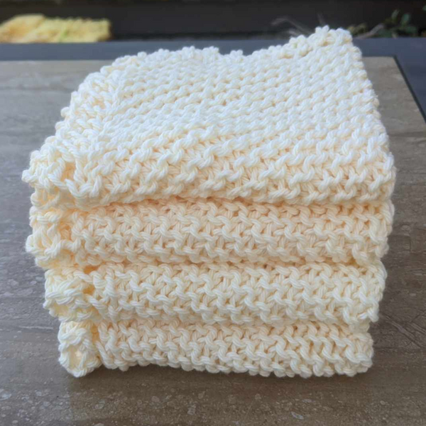 Set of Four Hand-Knit Washcloths, 100% Cotton Dishrags Light Soft Yellow