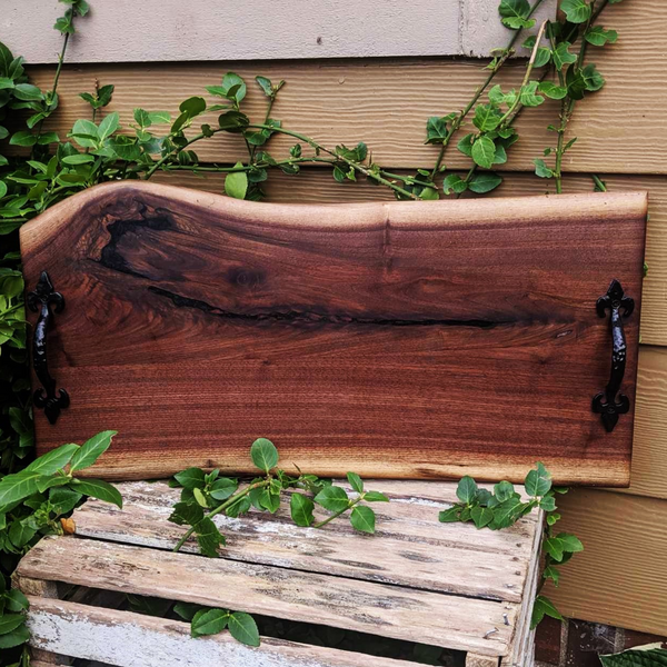 Large Black Walnut Live Edge Charcuterie Board Serving Tray With Handles & Clear Rubber Grip Feet.