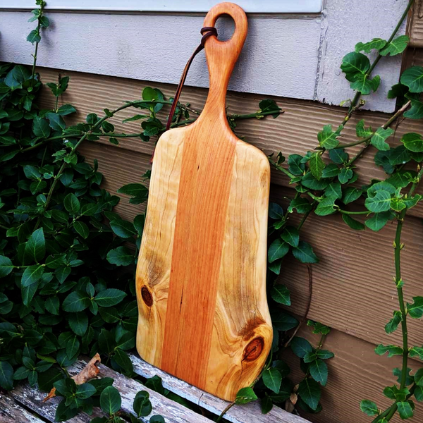 Cherry Wood Charcuterie Board With Handle & Leather Strap Wooden Serving Tray