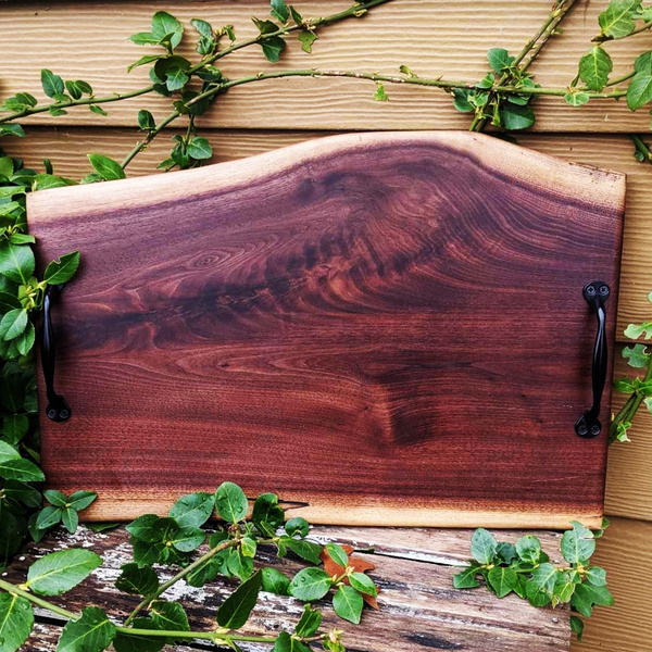 Black Walnut Wood Charcuterie Board / Wooden Serving Tray With Heavy Duty Cast Iron Handles & Clear Rubber Feet