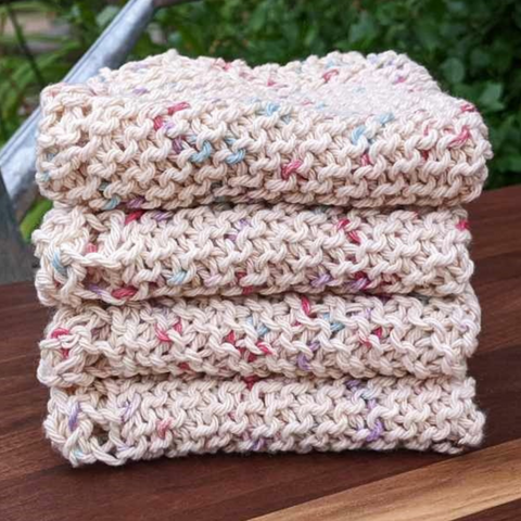 Set of Four Hand-Knit Washcloths, 100% Cotton Dishrags, Cream, Light Blue, & Light Pink