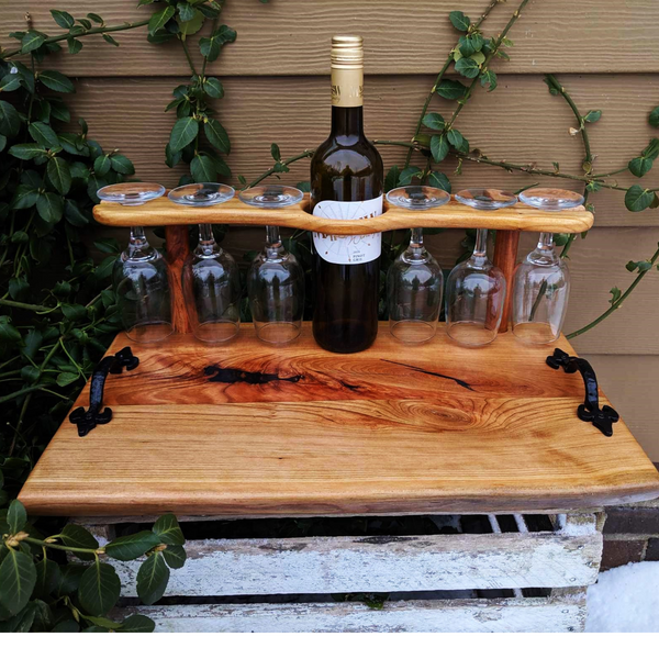 Spalted Cherry Wood Wine Charcuterie Board with Six Wine Glasses, Cast Iron Handles, & Clear Rubber Grip Feet