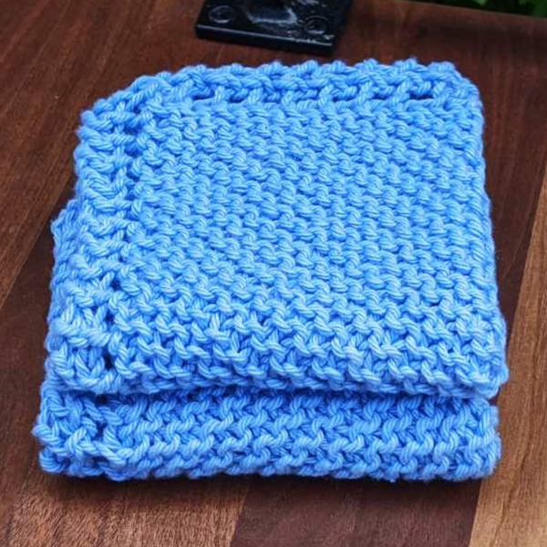 Set of Two Hand-Knit Washcloths, 100% Cotton Dishrags, Blue