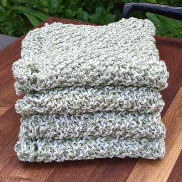 Set of Four Hand-Knit Washcloths, 100% Cotton Dishrags, Sage Green & White