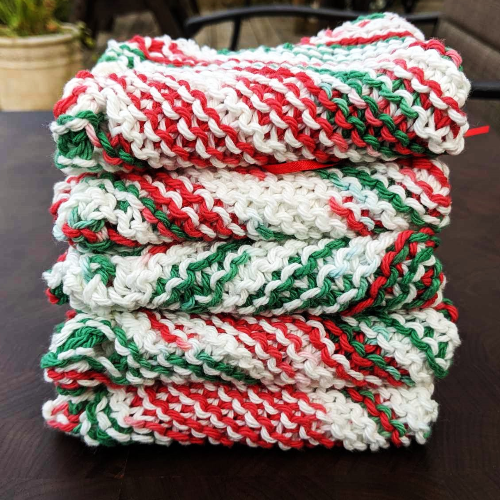 Four Hand-Knit Washcloths, 100% Cotton Dishrags, "Mistletoe" Christmas Red, Green, & White