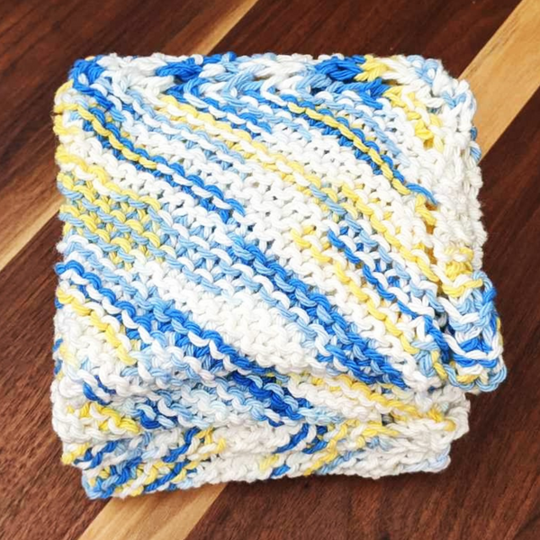 Set of Four Hand-Knit Washcloths, 100% Cotton Dishrags Blue, Yellow, & White