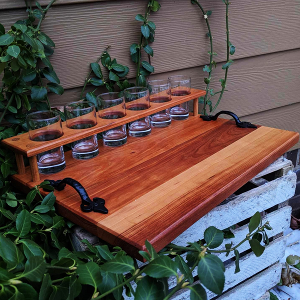 Spalted Cherry Wood Beer Flight Charcuterie Board with 5.5 oz. Taster Glasses, Stainless Steel Sauce Cups, Cast Iron Handles, & Clear Rubber Grip Feet