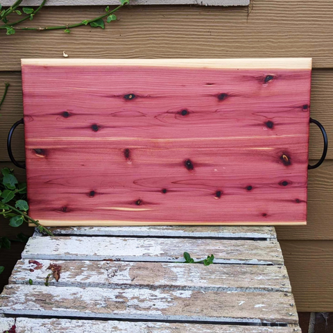 Large Red Cedar Charcuterie Board with Cast Iron Handles & Clear Rubber Grip Feet