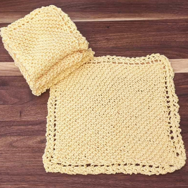 Set of Four Hand-Knit Washcloths, 100% Cotton Dishrags, Bright Yellow