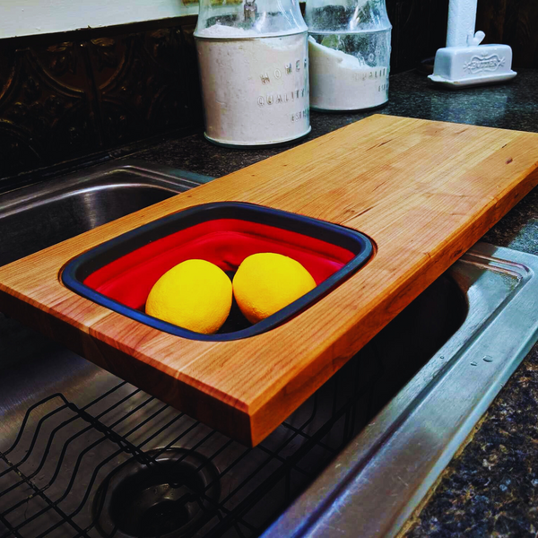 Over the Sink Cherry Wood Edge Grain Cutting Board with Colander and Clear Rubber Grip Feet