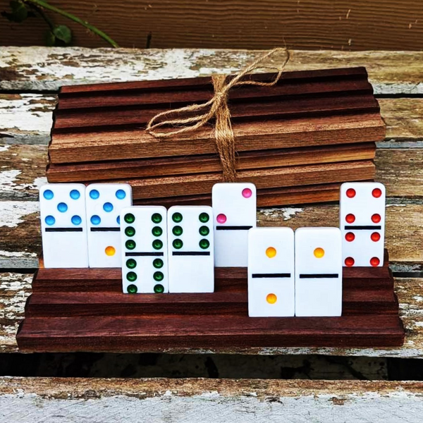 Set of FOUR Mini Black Walnut Wood Domino Holders with 3 Angled Domino Slots, Set of 4 Small Wooden Domino Rack Stands.