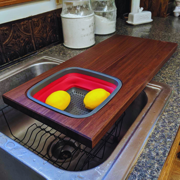 Large Over The Sink Black Walnut Edge Grain Cutting Board with Colander and Clear Rubber Grip Feet